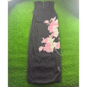 Womens Sz L Black Sleeveless Maxi Dress Pink Floral Print Evening Formal Elegant
